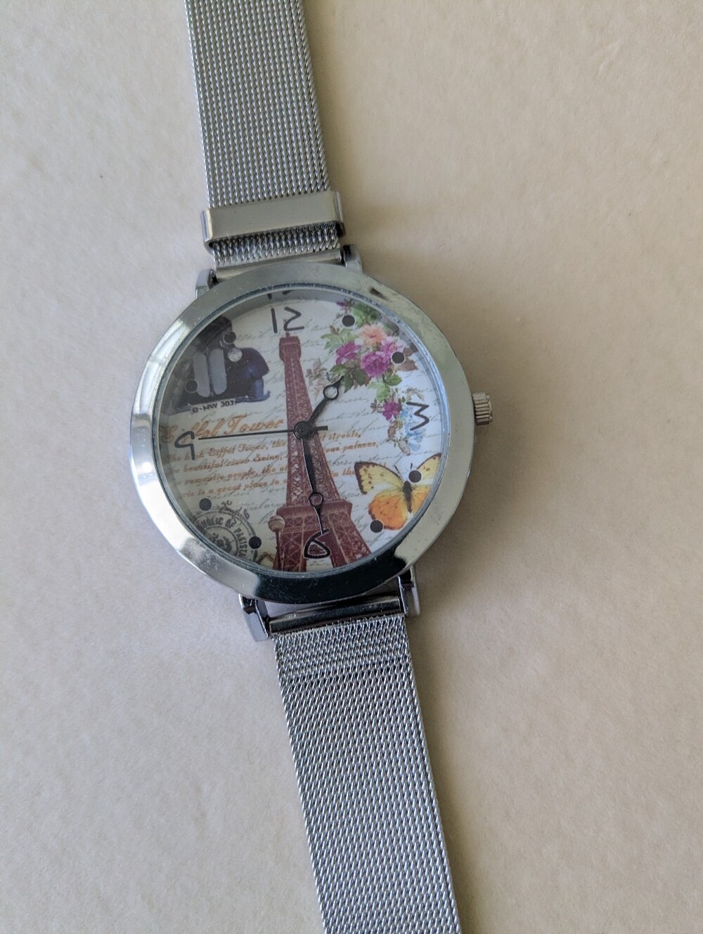 New Eiffel Tower Floral Face Mesh Strap Watch - Silver Tone